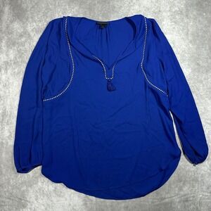 J Crew Cobalt Blue Braided Trim Tassel Tie V-Neck Blouse Top Womens Size 8 Boho